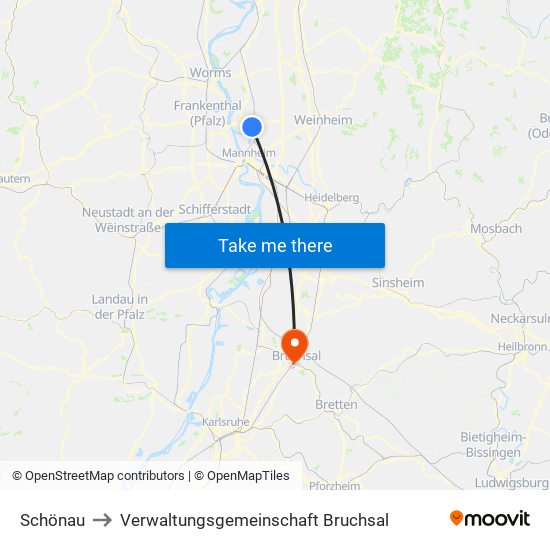 Schönau to Verwaltungsgemeinschaft Bruchsal map