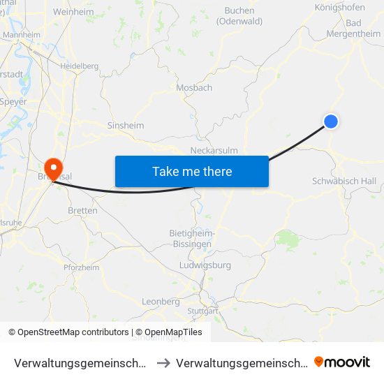 Verwaltungsgemeinschaft Künzelsau to Verwaltungsgemeinschaft Bruchsal map