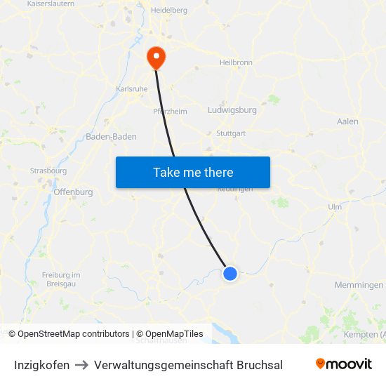 Inzigkofen to Verwaltungsgemeinschaft Bruchsal map