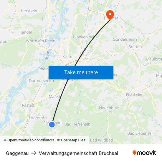 Gaggenau to Verwaltungsgemeinschaft Bruchsal map