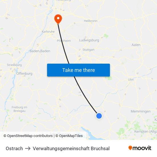 Ostrach to Verwaltungsgemeinschaft Bruchsal map