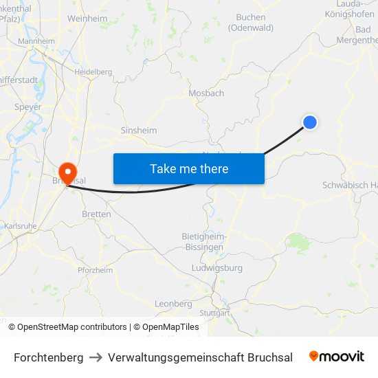 Forchtenberg to Verwaltungsgemeinschaft Bruchsal map