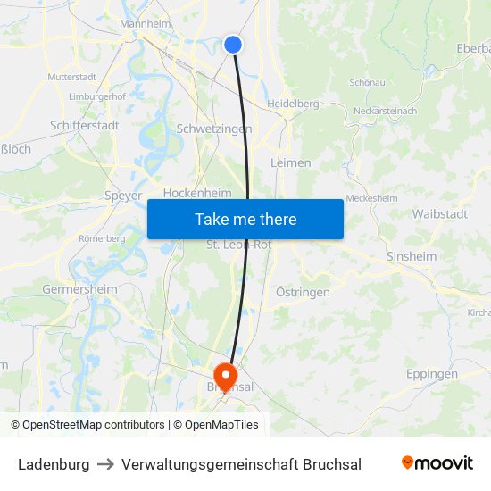 Ladenburg to Verwaltungsgemeinschaft Bruchsal map
