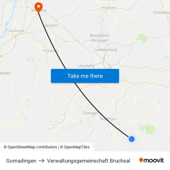 Gomadingen to Verwaltungsgemeinschaft Bruchsal map