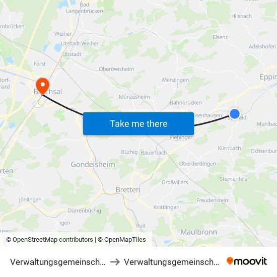 Verwaltungsgemeinschaft Sulzfeld to Verwaltungsgemeinschaft Bruchsal map