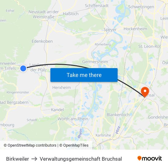 Birkweiler to Verwaltungsgemeinschaft Bruchsal map