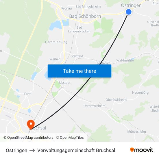 Östringen to Verwaltungsgemeinschaft Bruchsal map