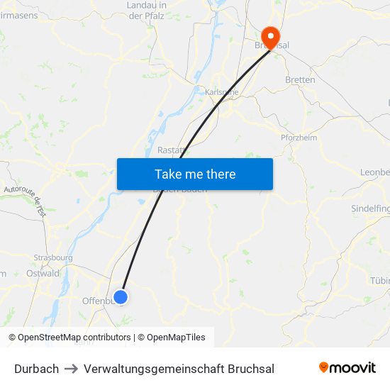 Durbach to Verwaltungsgemeinschaft Bruchsal map