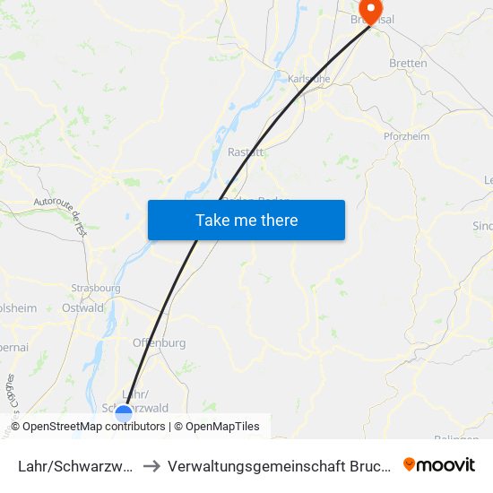 Lahr/Schwarzwald to Verwaltungsgemeinschaft Bruchsal map