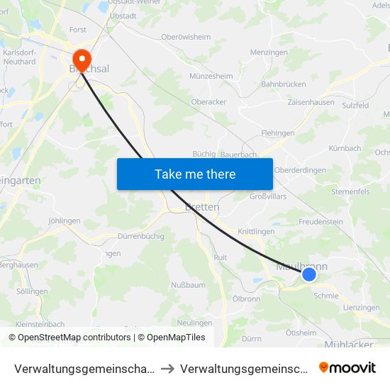 Verwaltungsgemeinschaft Maulbronn to Verwaltungsgemeinschaft Bruchsal map