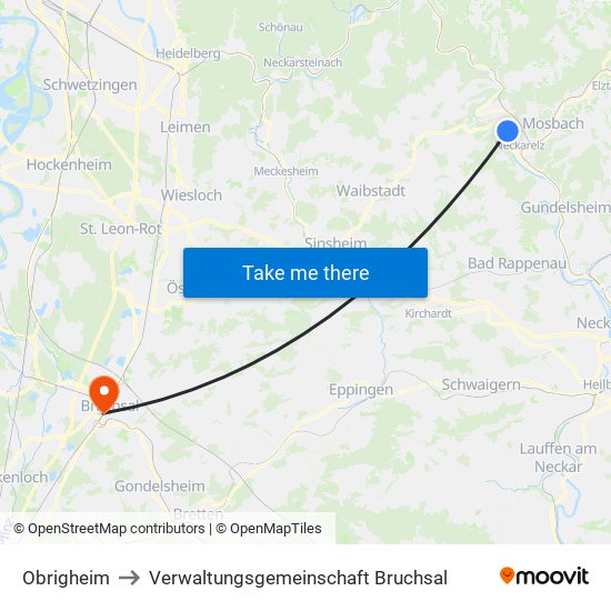 Obrigheim to Verwaltungsgemeinschaft Bruchsal map
