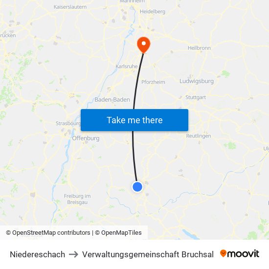 Niedereschach to Verwaltungsgemeinschaft Bruchsal map
