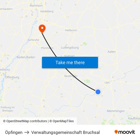 Öpfingen to Verwaltungsgemeinschaft Bruchsal map