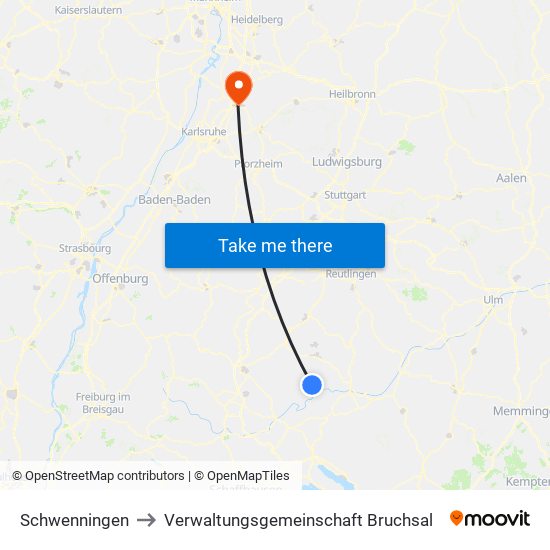 Schwenningen to Verwaltungsgemeinschaft Bruchsal map