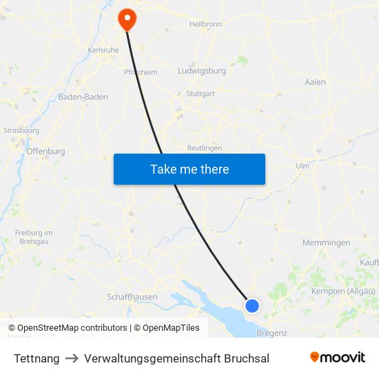 Tettnang to Verwaltungsgemeinschaft Bruchsal map
