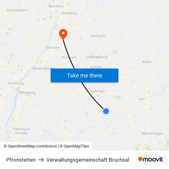 Pfronstetten to Verwaltungsgemeinschaft Bruchsal map