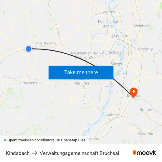 Kindsbach to Verwaltungsgemeinschaft Bruchsal map