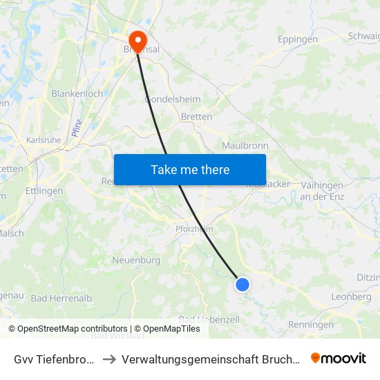 Gvv Tiefenbronn to Verwaltungsgemeinschaft Bruchsal map