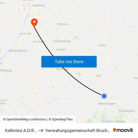 Kellmünz A.D.Iller to Verwaltungsgemeinschaft Bruchsal map