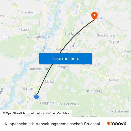 Kuppenheim to Verwaltungsgemeinschaft Bruchsal map
