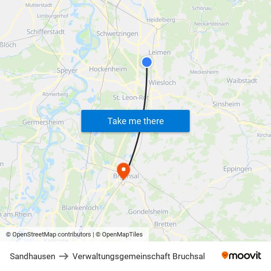 Sandhausen to Verwaltungsgemeinschaft Bruchsal map