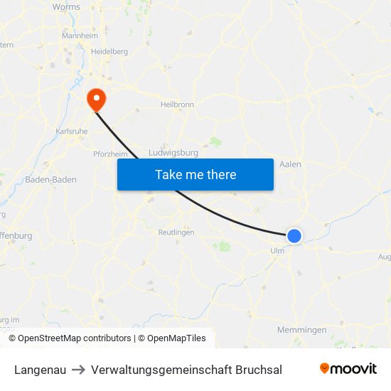 Langenau to Verwaltungsgemeinschaft Bruchsal map