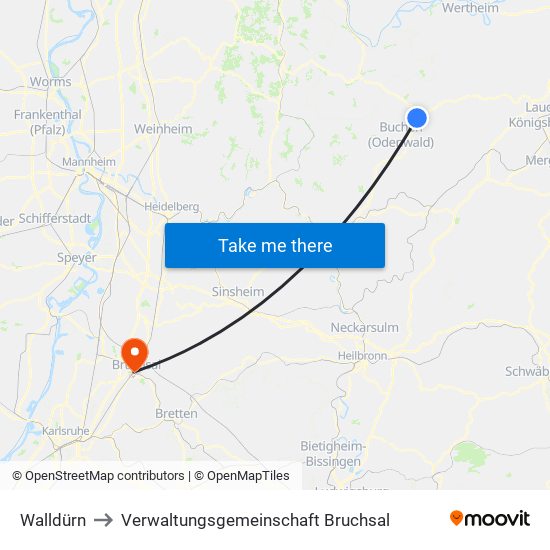 Walldürn to Verwaltungsgemeinschaft Bruchsal map