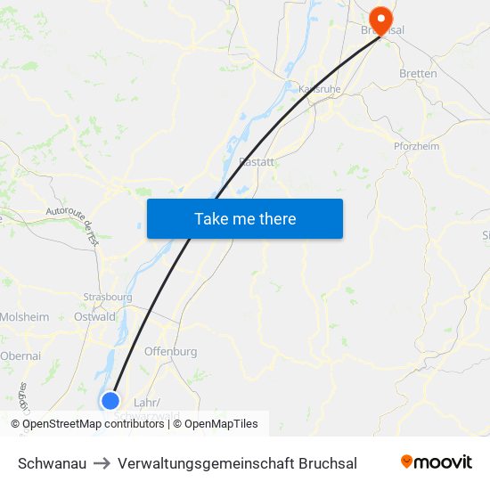 Schwanau to Verwaltungsgemeinschaft Bruchsal map