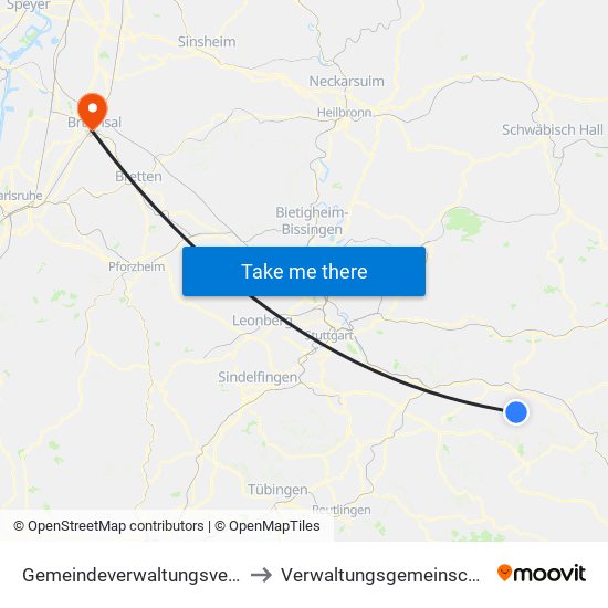 Gemeindeverwaltungsverband Voralb to Verwaltungsgemeinschaft Bruchsal map