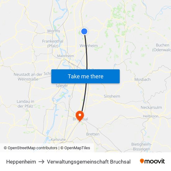 Heppenheim to Verwaltungsgemeinschaft Bruchsal map