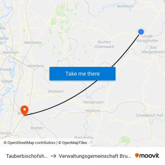 Tauberbischofsheim to Verwaltungsgemeinschaft Bruchsal map
