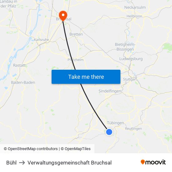 Bühl to Verwaltungsgemeinschaft Bruchsal map