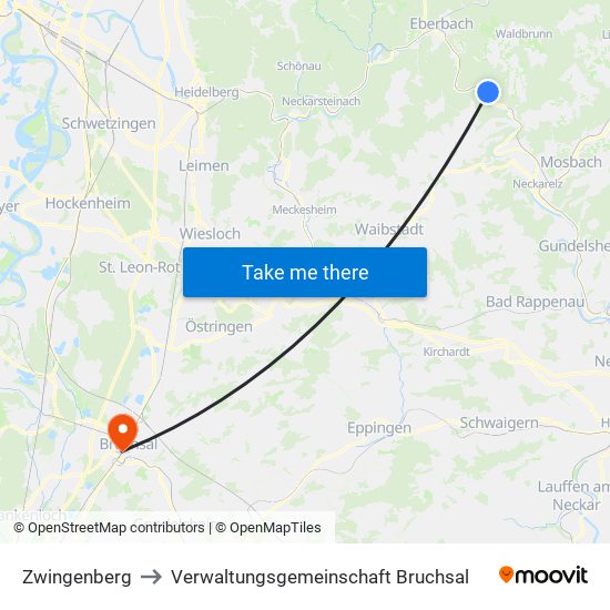 Zwingenberg to Verwaltungsgemeinschaft Bruchsal map