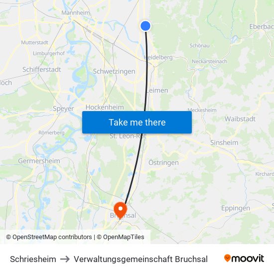 Schriesheim to Verwaltungsgemeinschaft Bruchsal map