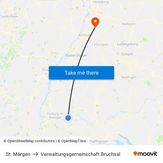 St. Märgen to Verwaltungsgemeinschaft Bruchsal map