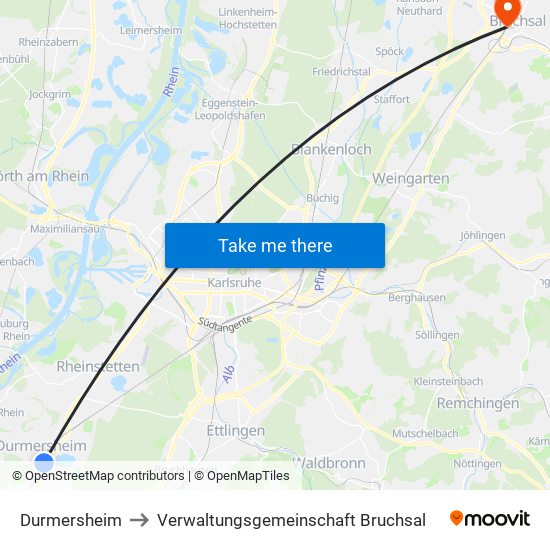 Durmersheim to Verwaltungsgemeinschaft Bruchsal map