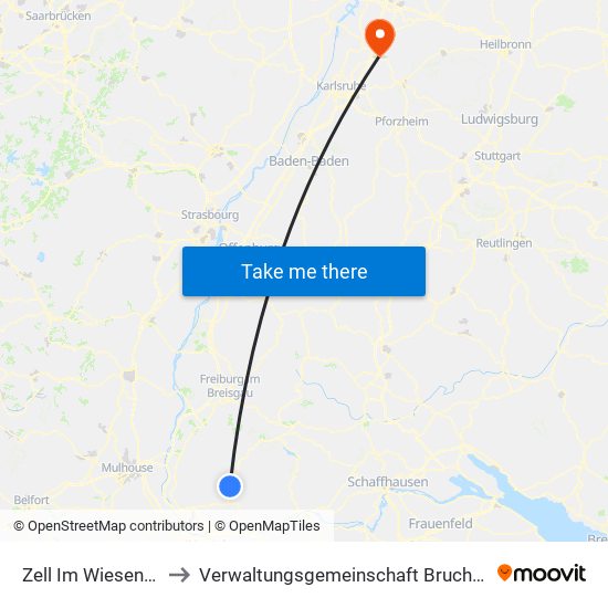 Zell Im Wiesental to Verwaltungsgemeinschaft Bruchsal map