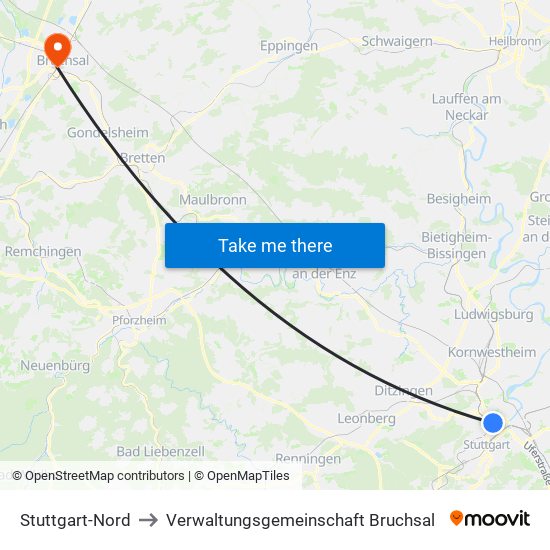 Stuttgart-Nord to Verwaltungsgemeinschaft Bruchsal map