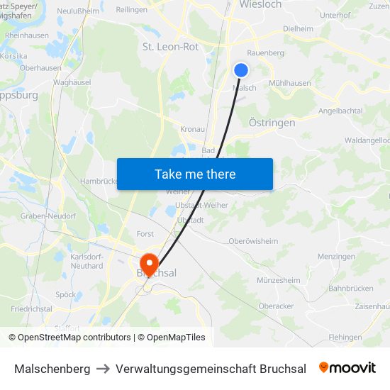 Malschenberg to Verwaltungsgemeinschaft Bruchsal map