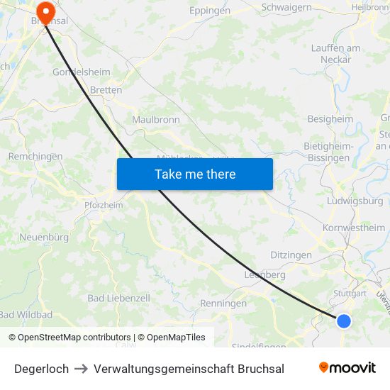 Degerloch to Verwaltungsgemeinschaft Bruchsal map