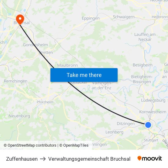 Zuffenhausen to Verwaltungsgemeinschaft Bruchsal map