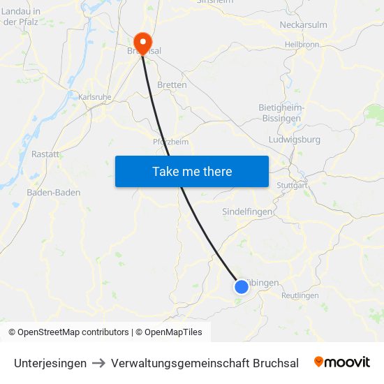 Unterjesingen to Verwaltungsgemeinschaft Bruchsal map
