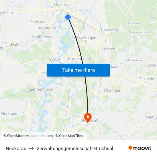 Neckarau to Verwaltungsgemeinschaft Bruchsal map