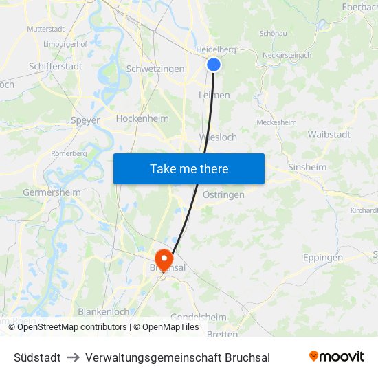 Südstadt to Verwaltungsgemeinschaft Bruchsal map