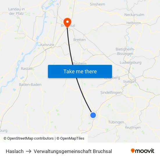 Haslach to Verwaltungsgemeinschaft Bruchsal map