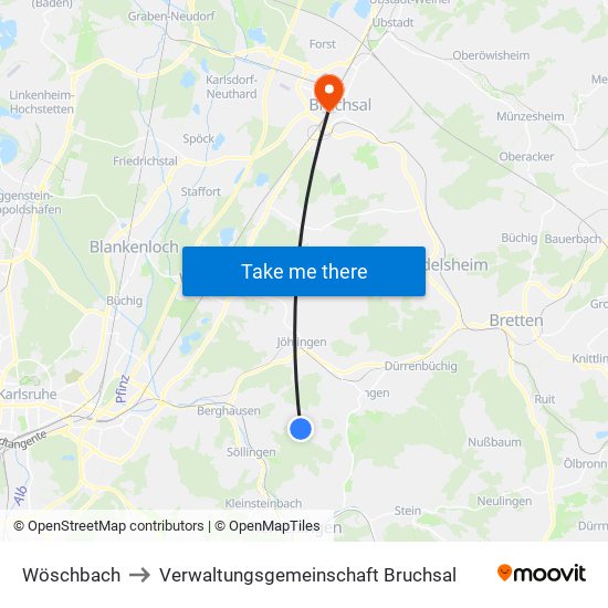 Wöschbach to Verwaltungsgemeinschaft Bruchsal map