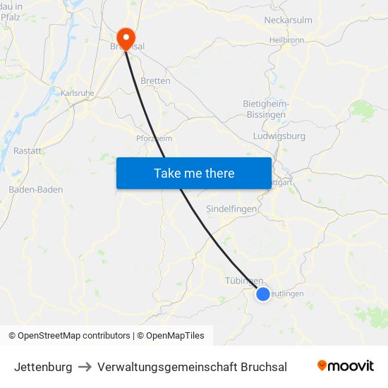 Jettenburg to Verwaltungsgemeinschaft Bruchsal map