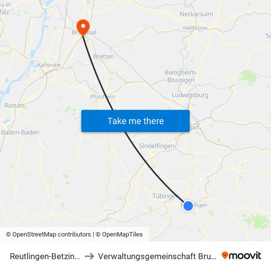 Reutlingen-Betzingen to Verwaltungsgemeinschaft Bruchsal map