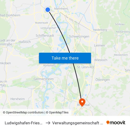 Ludwigshafen-Friesenheim to Verwaltungsgemeinschaft Bruchsal map