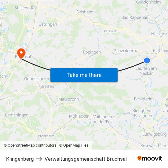 Klingenberg to Verwaltungsgemeinschaft Bruchsal map